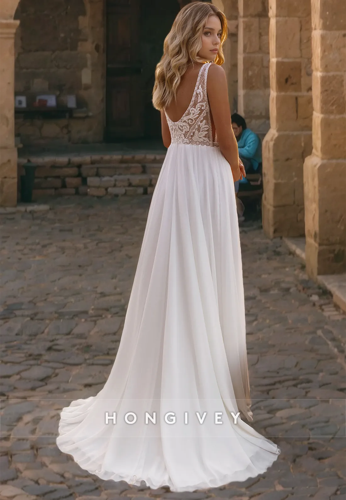 A-Line Sleeveless Sheer Appliques Beaded With Train Beach Wedding Dress