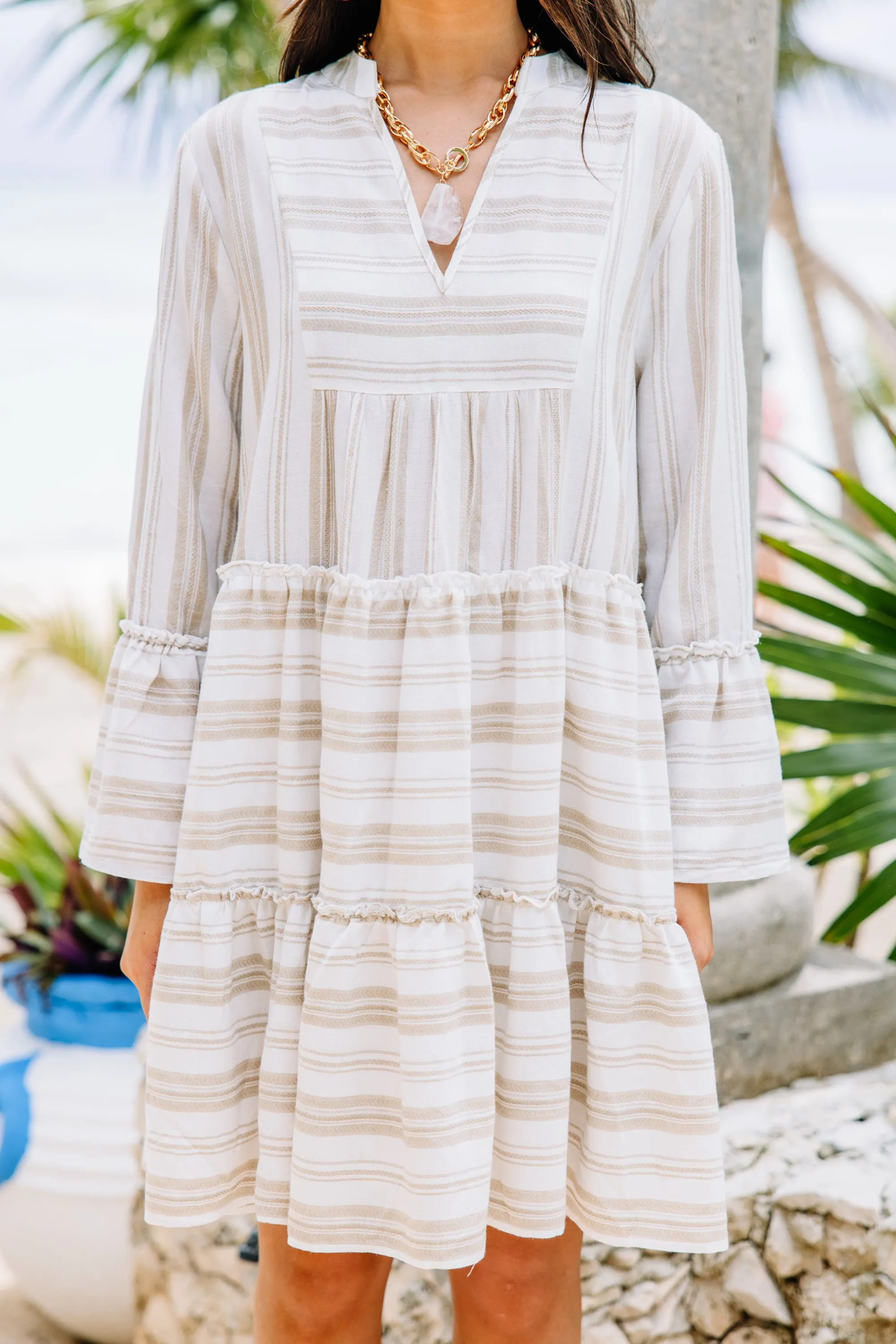 All The Above Taupe Brown Striped Tiered Dress