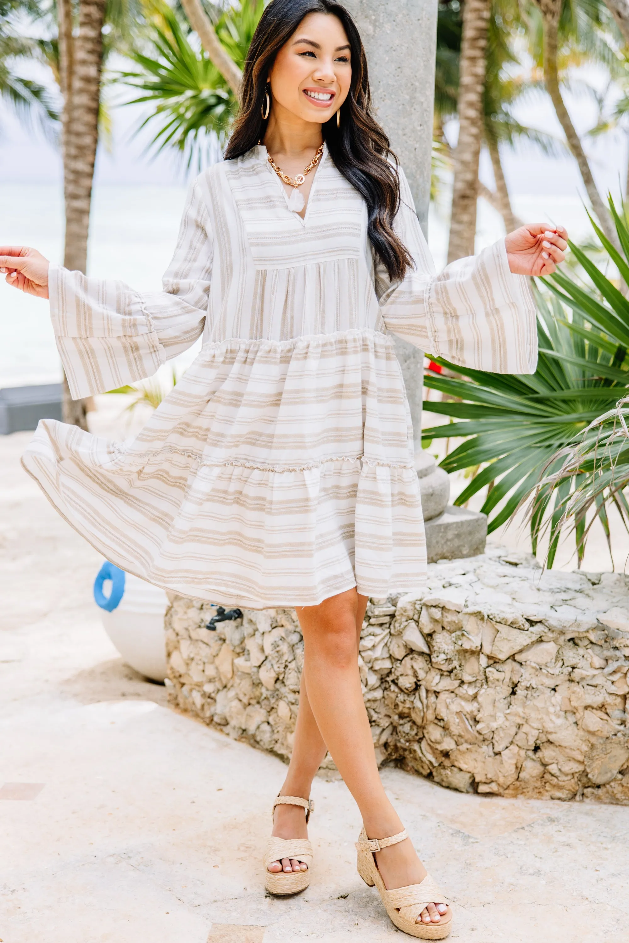 All The Above Taupe Brown Striped Tiered Dress