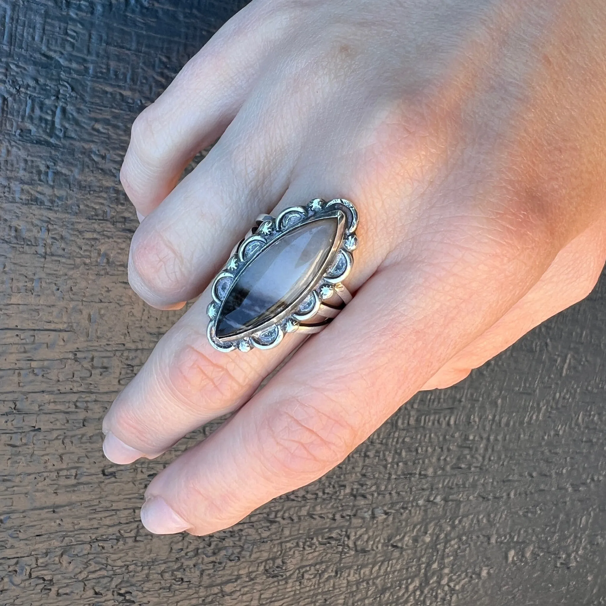 Banded Black & Gray Agate in Scalloped Sterling Ring