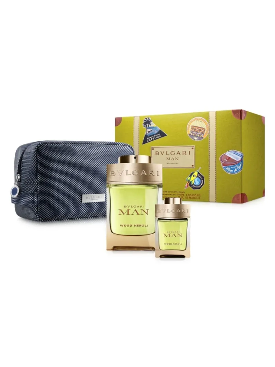 Bulgari Man Wood Neroli 3.4oz EDP & .5oz Travel Spray & Bag