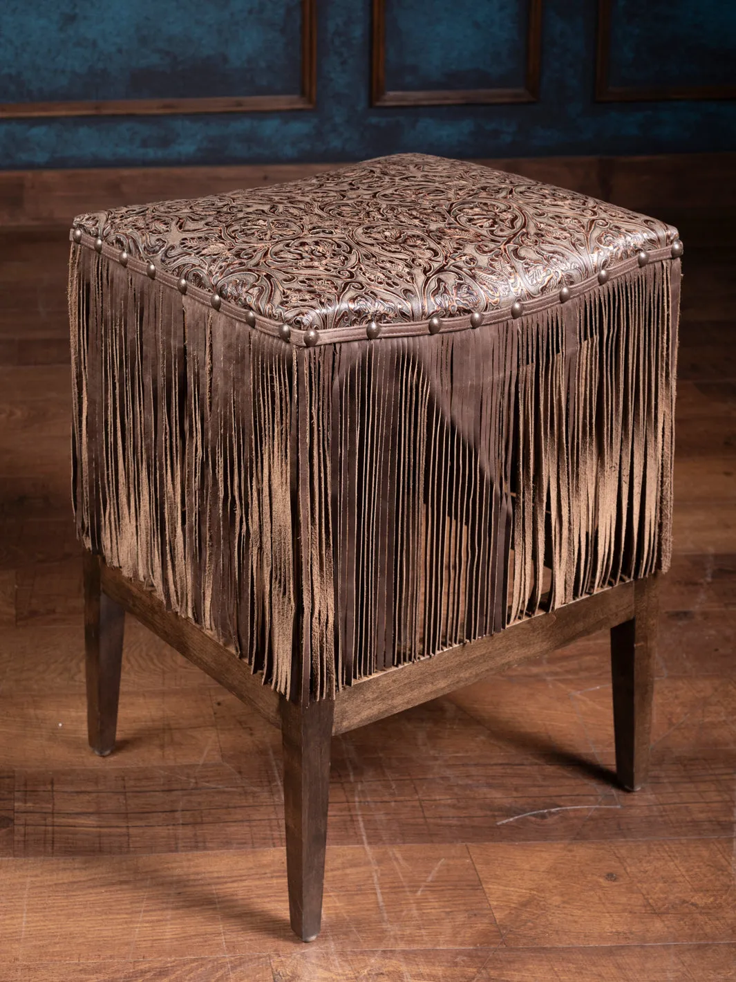 Cowboy Embossed Leather Saddle Stool