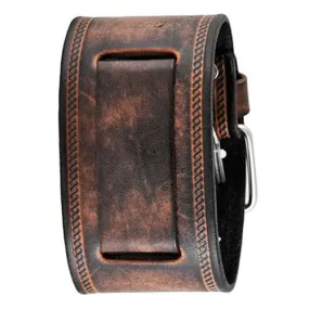 Double Stitched Embossed Distressed Brown Leather Wide Cuff BUIN