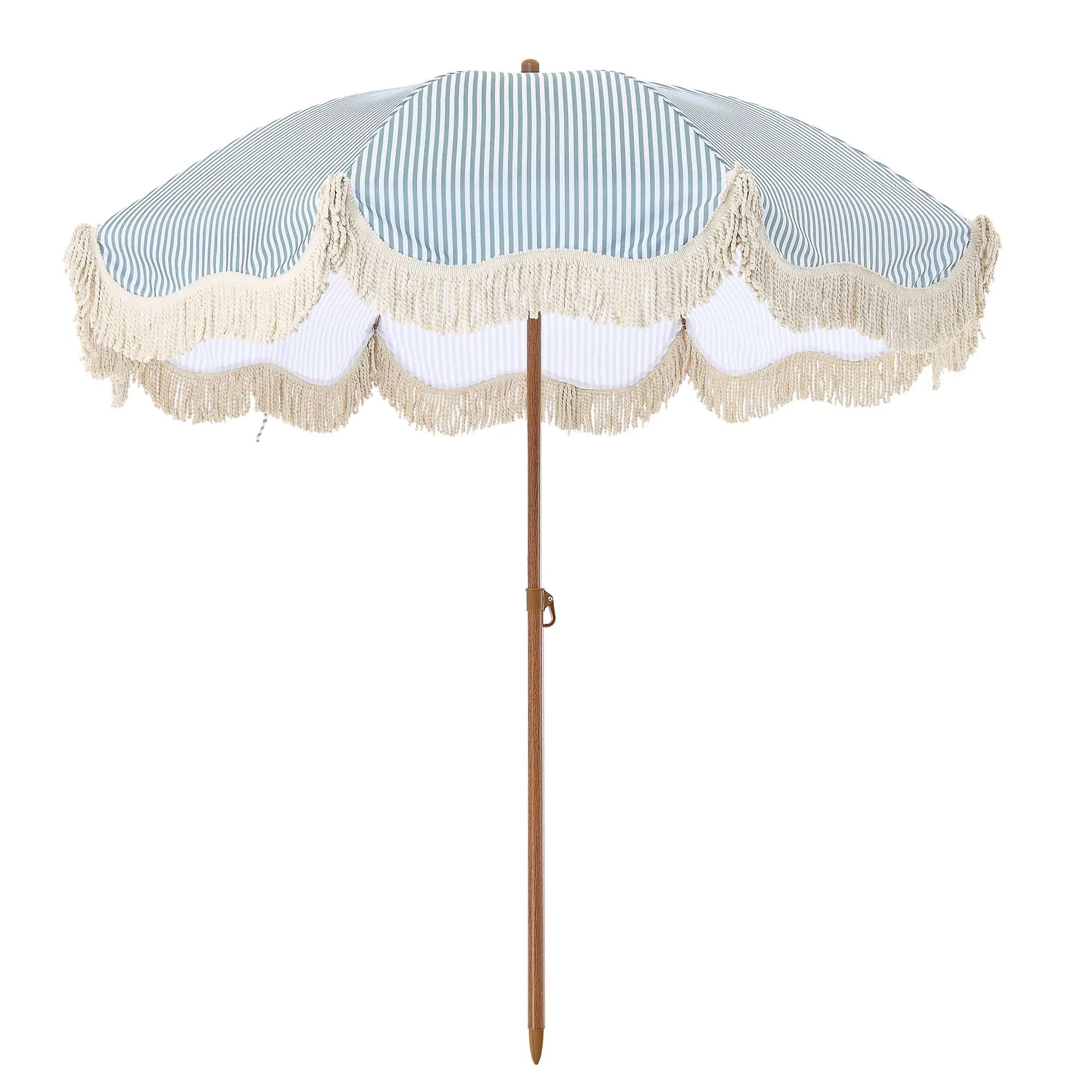 Gabriel Sage Green and White Striped Fringed Parasol with Tilt