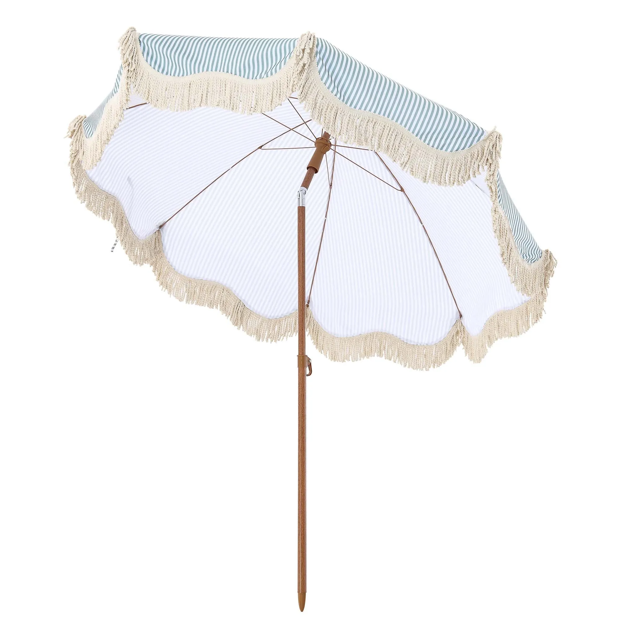 Gabriel Sage Green and White Striped Fringed Parasol with Tilt