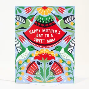 hummingbird Mother's Day card, card for mom who loves birds, spring flower Mother's Day card, folk bird mother's day card